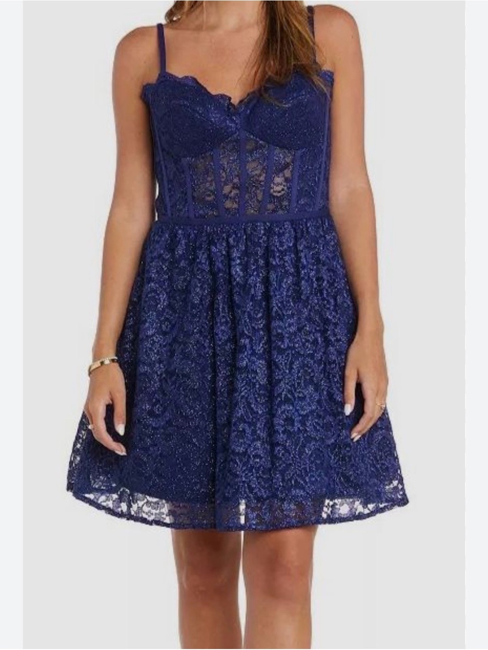 Morgan and Co Juniors' Blue Glitter Lucy Lace Corset Mini Dress Size 15